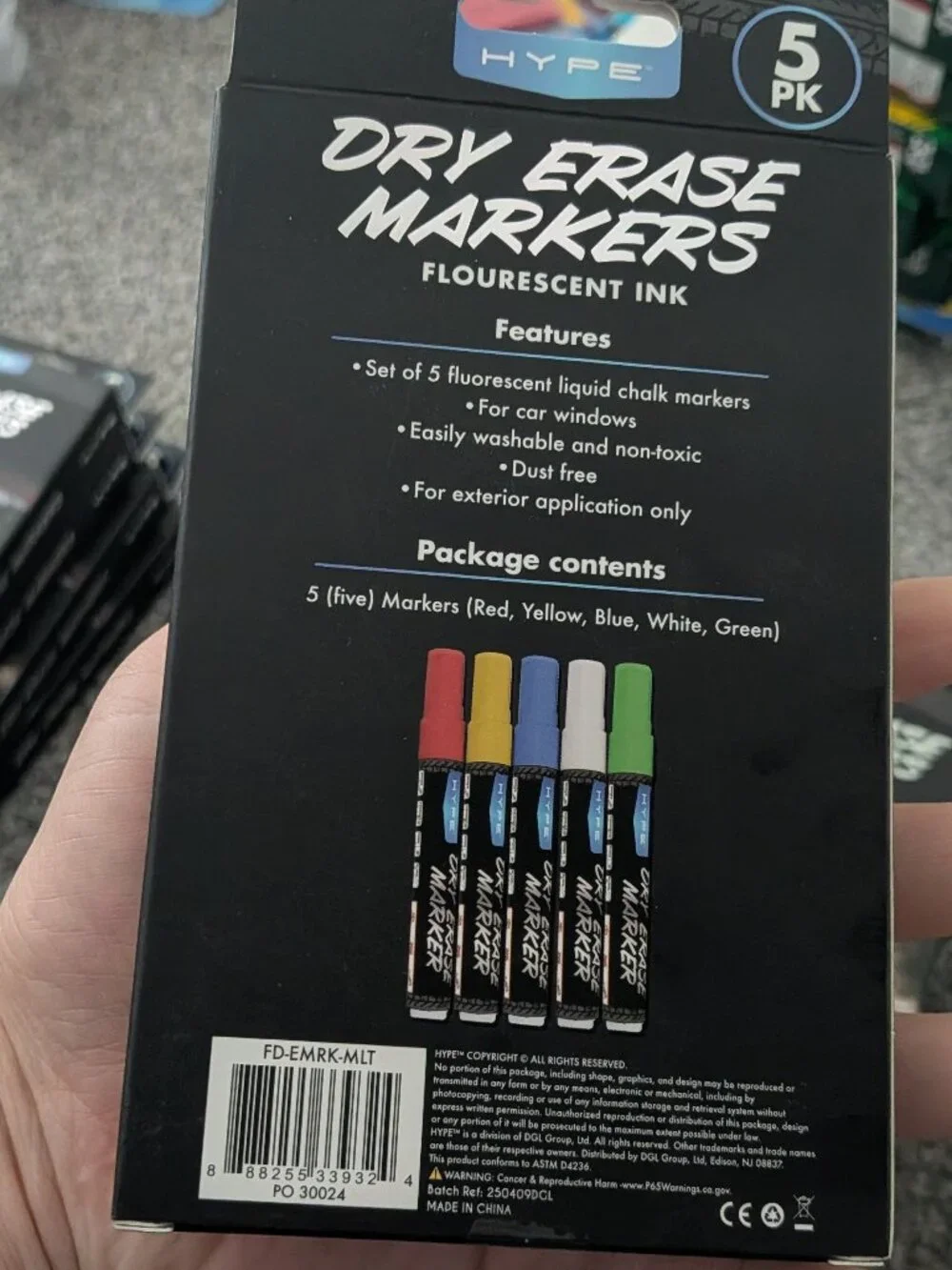 HYPE Dry Erase Window Markers 5-Pack For Car Windows Florescent Neon (NIB) MQA